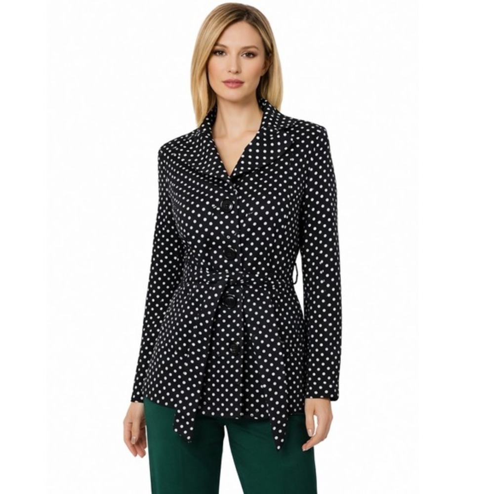 Jules & Leopold Polka Dot Belted Trench Coat Jacket Black White‎ M Preppy 58-01